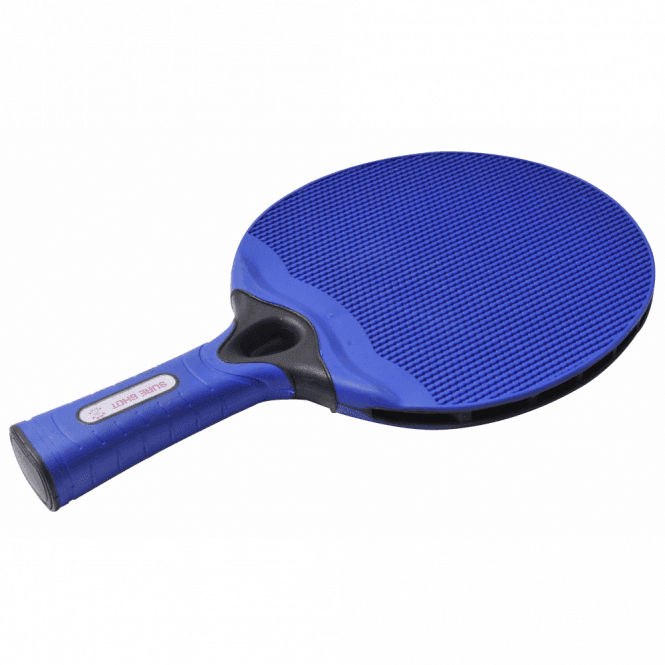 The Sure Shot Matthew Syed Outdoor Table Tennis Bat by Sure Shot, in blue with a textured thermo-plastic rubber surface and matching handle, is weather resistant and displayed on a white background.