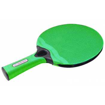 The Sure Shot Matthew Syed Outdoor Table Tennis Bat by Sure Shot features a green, weather-resistant textured surface and black-accented handle, shown from an angle that highlights both the handle and front of the paddle.