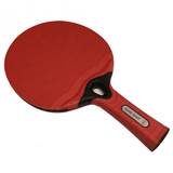 The Sure Shot Matthew Syed Outdoor Table Tennis Bat by Sure Shot features a red, weather-resistant thermo-plastic rubber surface and a labeled handle, designed for outdoor play. The paddle is positioned face up with the handle pointing right.