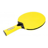 The Sure Shot Matthew Syed Outdoor Table Tennis Bat by Sure Shot is yellow, features a black accent at the handle base, and is made from weather-resistant thermo-plastic rubber. It is displayed on a white background.