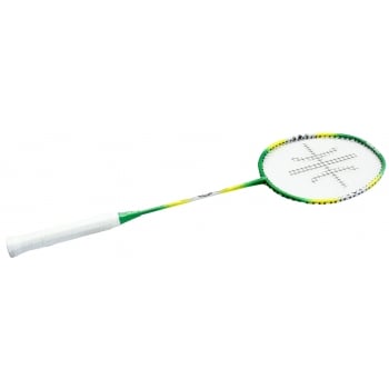 The Sure Shot Rio Badminton Racket by Sure Shot features a lightweight design, white grip, green and yellow shaft, and an oval head with white strings accented by a simple black pattern.