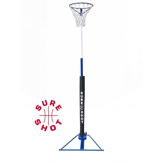 The Sure Shot Telescopic Netball Unit with Wheels features a blue and white height adjustable post, a black protective pad labeled Sure Shot, and a sturdy metal base—perfect for versatile indoor or outdoor use. The red Sure Shot logo highlights the brand.