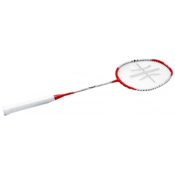 The Sure Shot Tokyo Badminton Racket by Sure Shot features a graphite composite shaft, white grip, and a red and white frame with an isometric head for enhanced performance.
