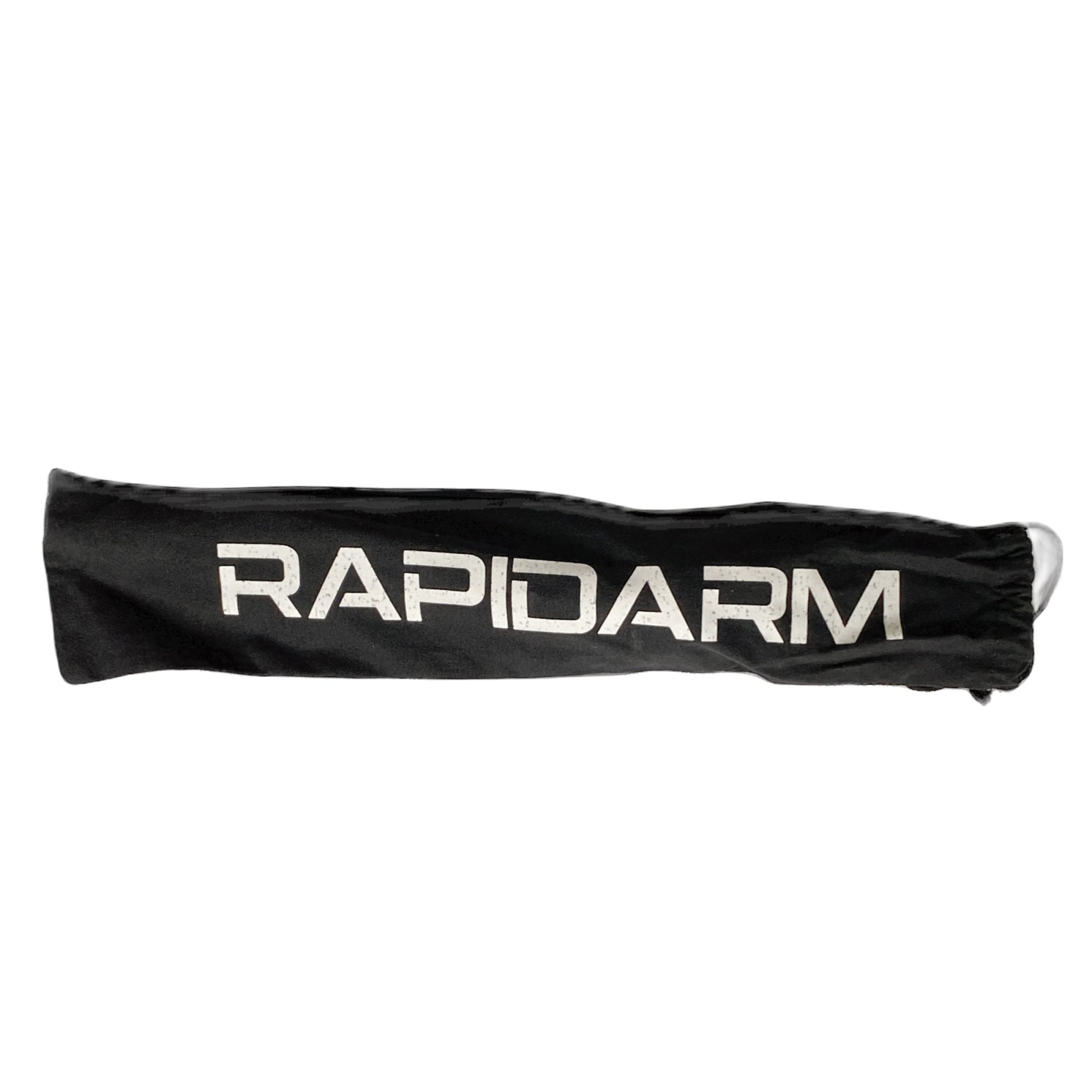 A black fabric sleeve with "RAPIDARM" printed in white—an essential accessory for your RapidArm+ Ball Thrower and perfect for cricket training.