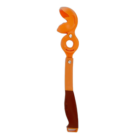 The RapidArm+ Ball Thrower by RapidArm is an orange plastic tool with a claw-shaped end, a central hole, and a long handle with a brown grip, resembling cricket training gear and potentially useful for opening jars or bottles.