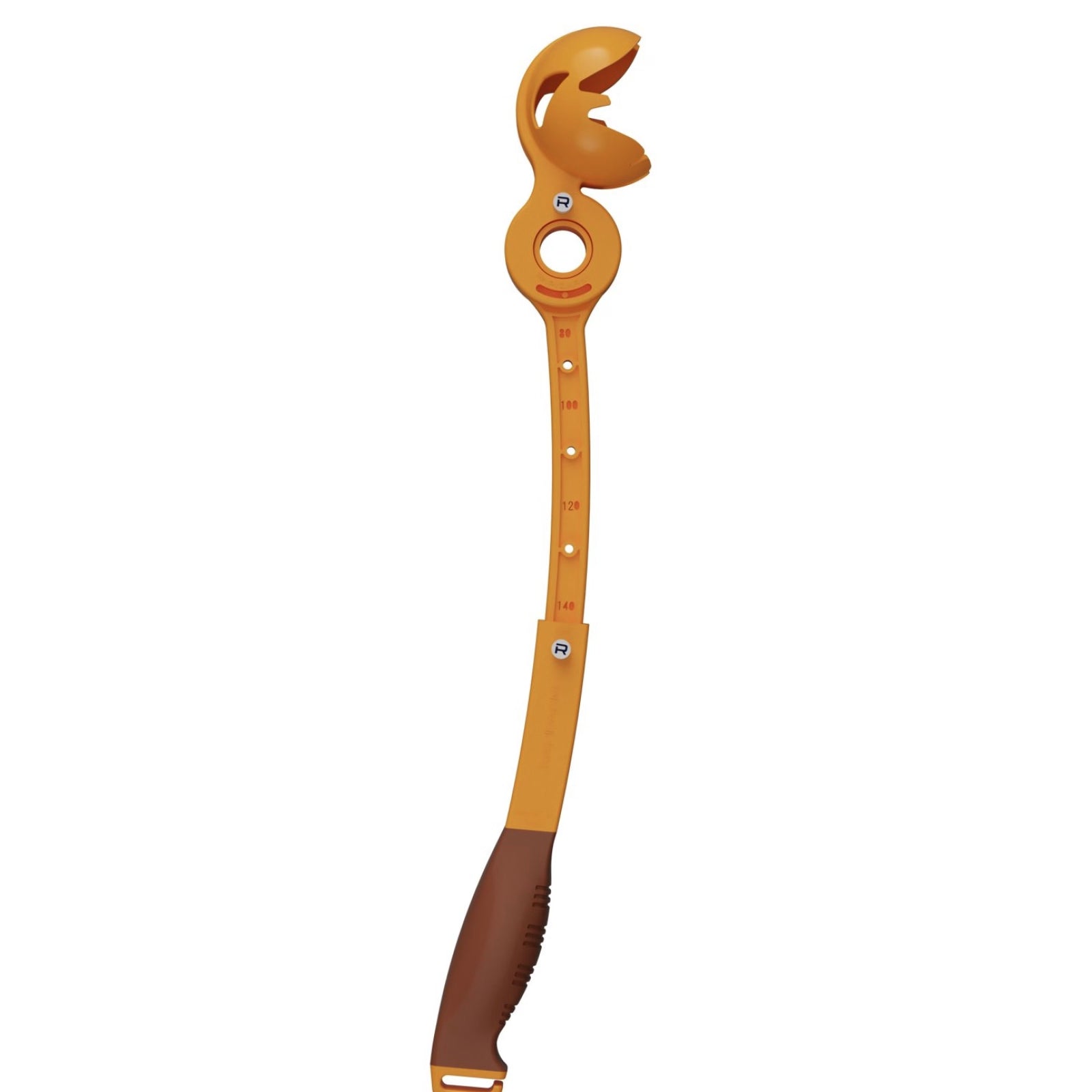 The RapidArm+ Ball Thrower by RapidArm features a yellow and brown plastic build, curved handle, length markings, and a claw-like grip—perfect for cricket training.