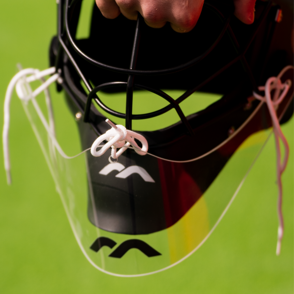 Mercian Elite Throat Guard : FM14 : front view : attached to helmet