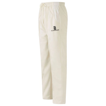 The Surridge Standard Playing Trouser is a cream polyester drill pant with a drawcord waistband, side pockets, and the Surridge logo in black on the upper left thigh.