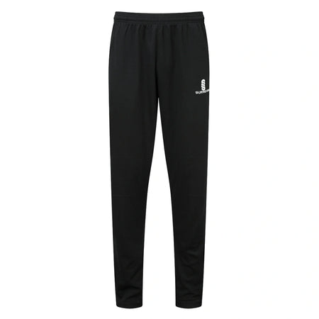 The Surridge Blade Coloured Playing Trouser in black features an elastic waistband, reinforced knees, and a small white S logo with SUBLIME text on the upper left thigh, shown against a plain white background.