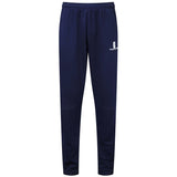 The Surridge Blade Coloured Playing Trouser in navy features an elastic waistband, knee reinforcement for durability, and a small white Surridge logo on the left thigh, shown against a white background.