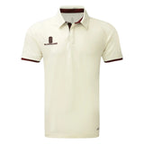 The Surridge Ergo Short Sleeve Playing Shirt is a maroon cricket polo featuring a collar, short sleeves, VAPADRI technology for comfort, and the “Surridge” logo and text on the left chest.