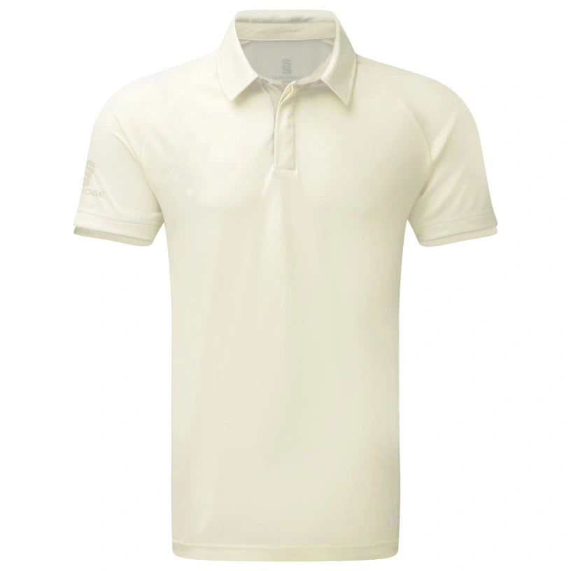 The Surridge Ergo Short Sleeve Playing Shirt by Surridge features a collar, partial button placket, and comfortable design in ivory, perfect for stylish performance. Shown against a white background.
