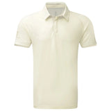 The Surridge Ergo Short Sleeve Playing Shirt by Surridge features a collar, partial button placket, and comfortable design in ivory, perfect for stylish performance. Shown against a white background.
