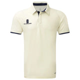 The Surridge Ergo Short Sleeve Playing Shirt is a navy cricket shirt with a collar, featuring dark Surridge branding on the left chest and sleeve hem, plus Lycra mesh panels for breathability.