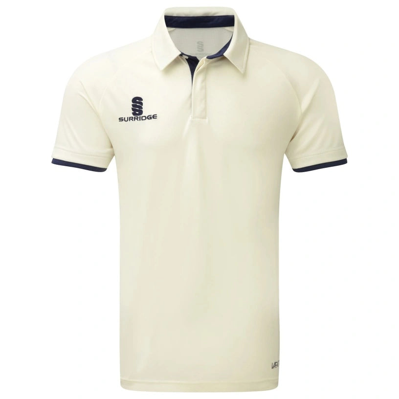 The Surridge Ergo Short Sleeve Playing Shirt is a navy cricket shirt with a collar, featuring dark Surridge branding on the left chest and sleeve hem, plus Lycra mesh panels for breathability.