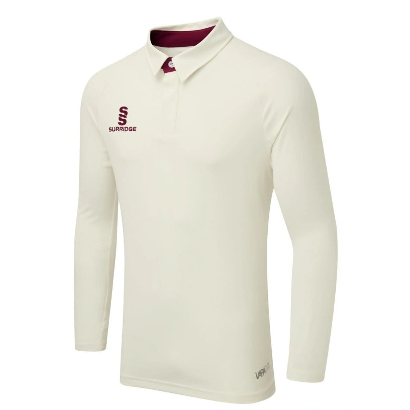 The Surridge Ergo Long Sleeve Playing Shirt is a maroon performance shirt with a collar, button placket, Surridge logo on the left chest, maroon inner collar detailing, and advanced VAPADRI technology for comfort.