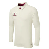 The Surridge Ergo Long Sleeve Playing Shirt is a maroon performance shirt with a collar, button placket, Surridge logo on the left chest, maroon inner collar detailing, and advanced VAPADRI technology for comfort.