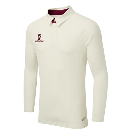 The Surridge Ergo Long Sleeve Playing Shirt is a maroon performance shirt with a collar, button placket, Surridge logo on the left chest, maroon inner collar detailing, and advanced VAPADRI technology for comfort.