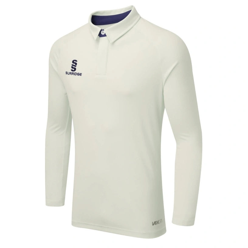 The Surridge Ergo Long Sleeve Playing Shirt, in navy, features a collar, button placket, and Surridge logos on the left chest and upper right sleeve. VAPADRI technology ensures lightweight comfort for sports performance.