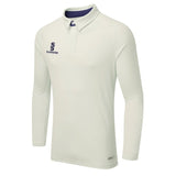 The Surridge Ergo Long Sleeve Playing Shirt, in navy, features a collar, button placket, and Surridge logos on the left chest and upper right sleeve. VAPADRI technology ensures lightweight comfort for sports performance.