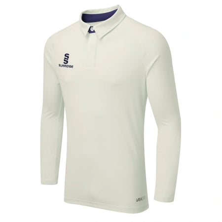 The Surridge Ergo Long Sleeve Playing Shirt, in navy, features a collar, button placket, and Surridge logos on the left chest and upper right sleeve. VAPADRI technology ensures lightweight comfort for sports performance.