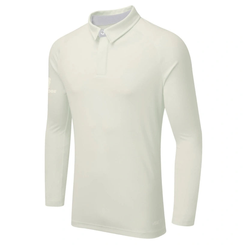 The Surridge Ergo Long Sleeve Playing Shirt by Surridge is shown in ivory with a collared, button-up neckline and minimalist design, displayed on a plain white background. No visible patterns or logos.