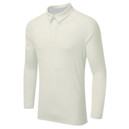 The Surridge Ergo Long Sleeve Playing Shirt by Surridge is shown in ivory with a collared, button-up neckline and minimalist design, displayed on a plain white background. No visible patterns or logos.