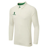 The Surridge Ergo Long Sleeve Playing Shirt is a bottle green performance pro shirt with a collar, featuring the Surridge brand logo on the left chest.