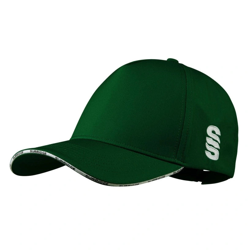 The Surridge Baseball Cap by Surridge is a bottle green 5-panel structured cap with a curved brim, white side logo, and white text edging the brim.