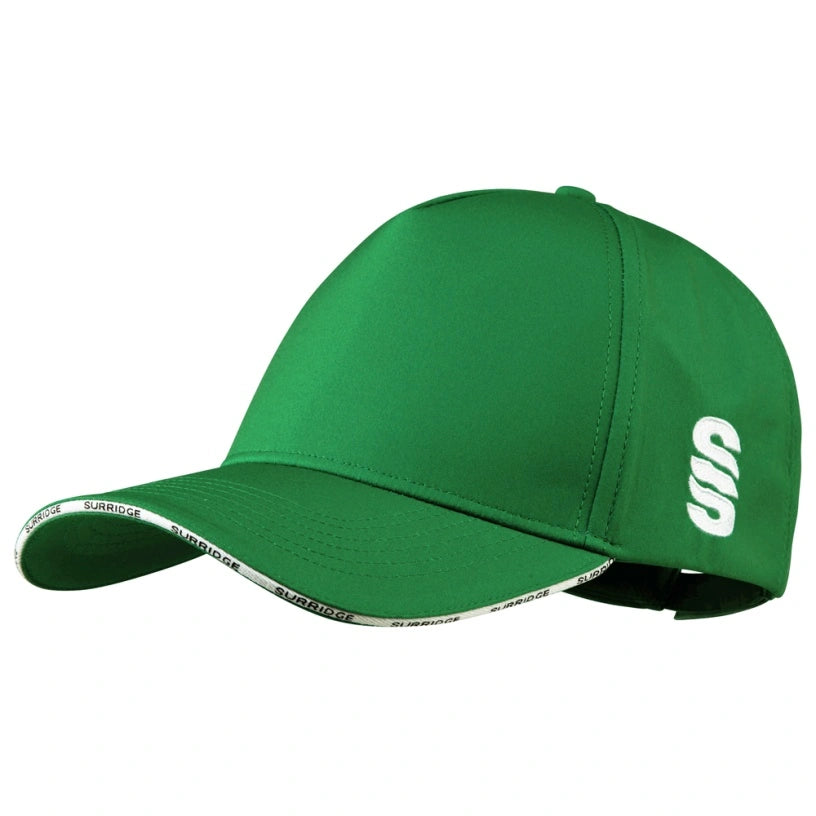 The Surridge Baseball Cap by Surridge is a green 5 panel structured cap with a curved brim, white side logo, white trim with black text along the edge, and a mesh reinforced front panel for added durability and style.