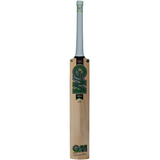 The Gunn & Moore Verva DXM Junior Cricket Bat is made from English Willow and features a white grip, green-black GM branding, F2 face, Powerarc bow profile, and upright display of brand labels.