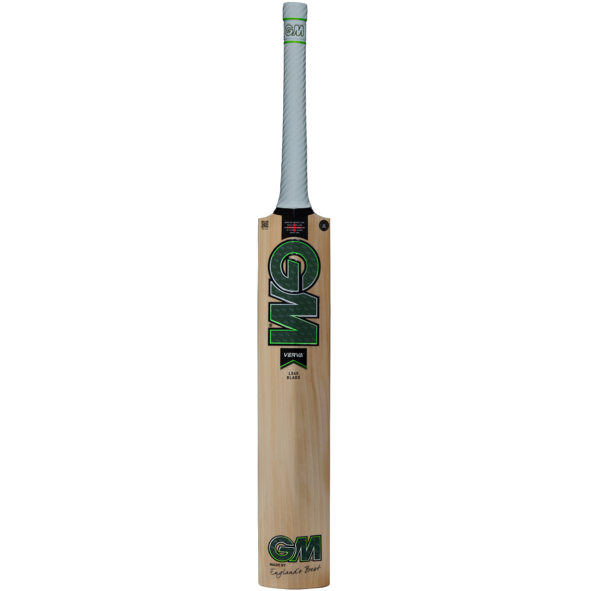 The Gunn & Moore Verva DXM Junior Cricket Bat is made from English Willow and features a white grip, green-black GM branding, F2 face, Powerarc bow profile, and upright display of brand labels.