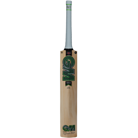 The Gunn & Moore Verva DXM Junior Cricket Bat is made from English Willow and features a white grip, green-black GM branding, F2 face, Powerarc bow profile, and upright display of brand labels.