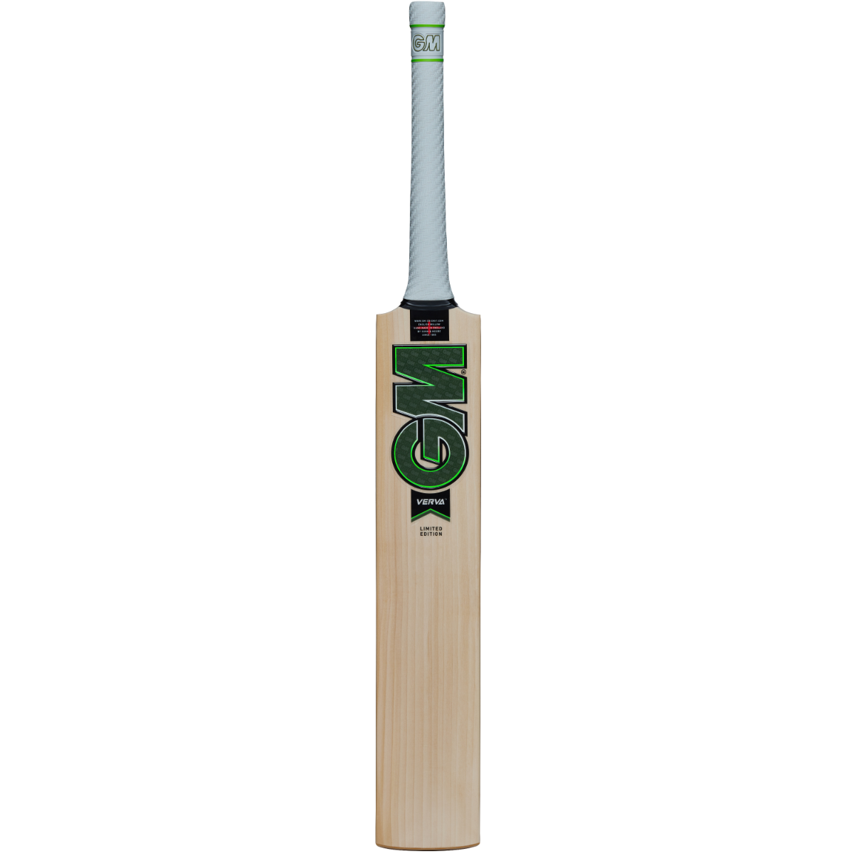 The Gunn & Moore Verva DXM Junior Cricket Bat features a light English Willow blade, a white handle, and the GM logo with "VERVA" beneath it on the front, finished with an F2 face and GM powerarc bow.