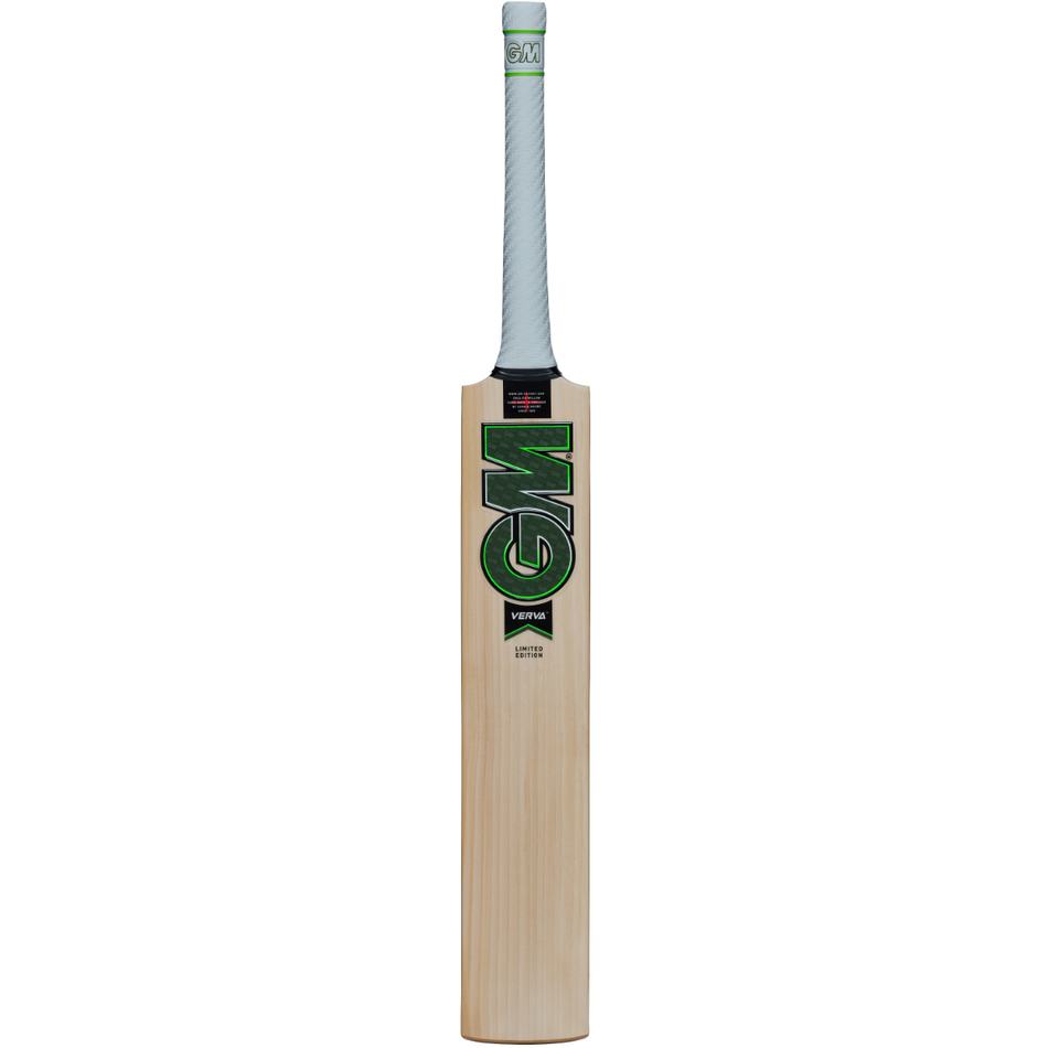 The Gunn & Moore Verva DXM Junior Cricket Bat features a light English Willow blade, a white handle, and the GM logo with "VERVA" beneath it on the front, finished with an F2 face and GM powerarc bow.