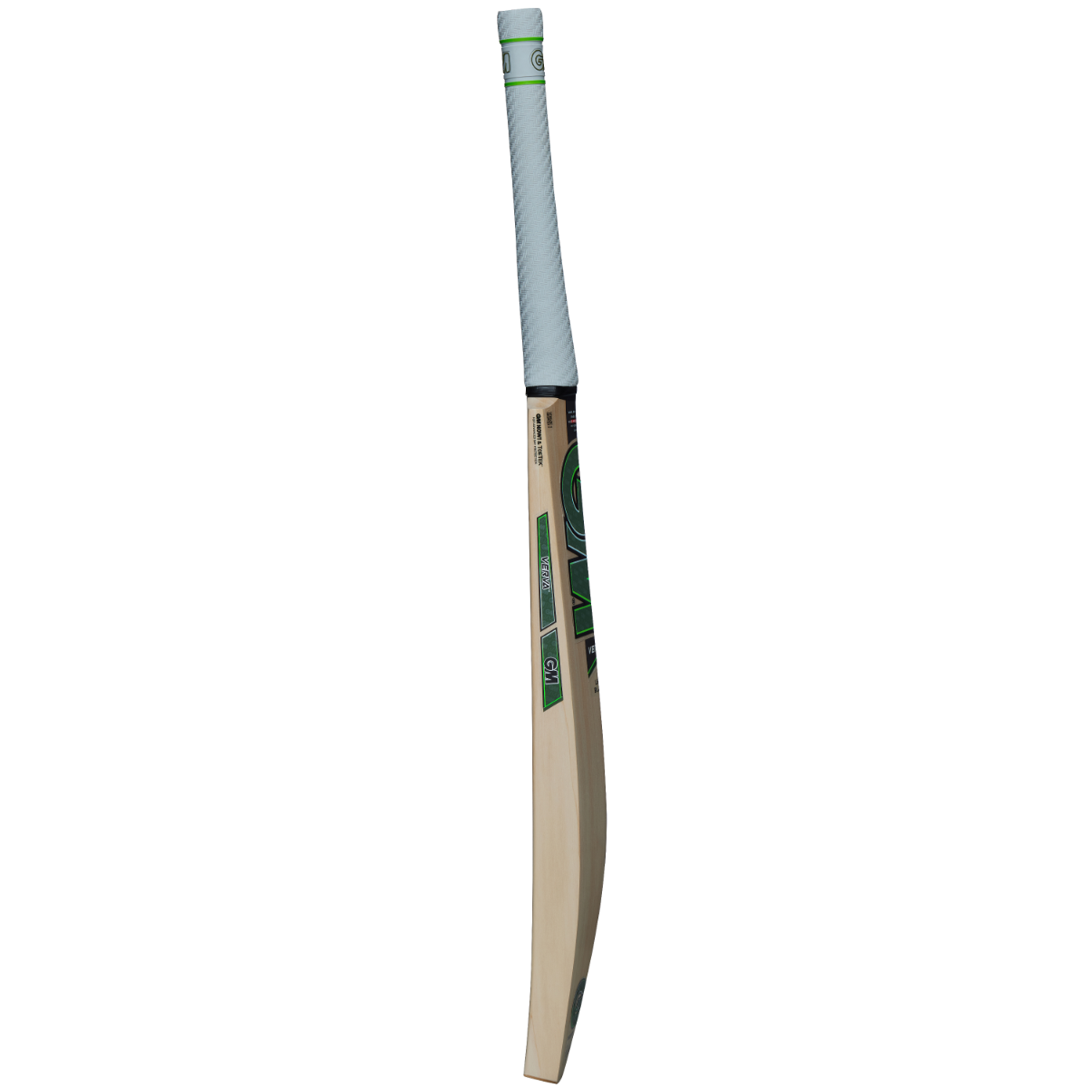 A Gunn & Moore Verva DXM Junior Cricket Bat with a light-colored English Willow blade, F2 face, grey handle, and green and black branding stands upright against a white background.