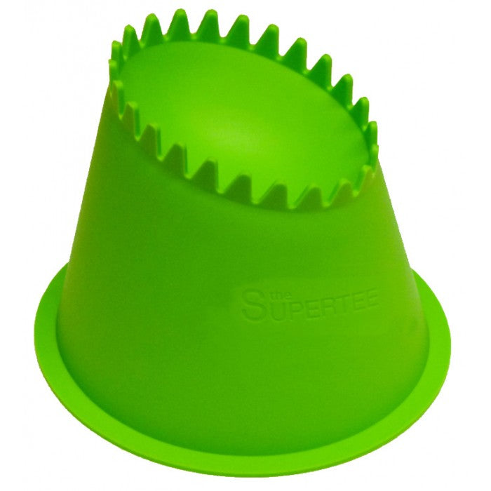 The Dan Carter Kicking Tee - Supertee Volc is a green plastic rugby tee with a round base and jagged, angled top edges, designed to hold the ball upright for precision kicks.