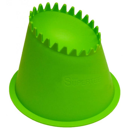 The Dan Carter Kicking Tee - Supertee Volc is a green plastic rugby tee with a round base and jagged, angled top edges, designed to hold the ball upright for precision kicks.