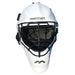 The Mercian Genesis Hockey Helmet features a white fibreglass shell, cats-eye grill for superior protection, inner cushioning, and “mercian” branding on the front.
