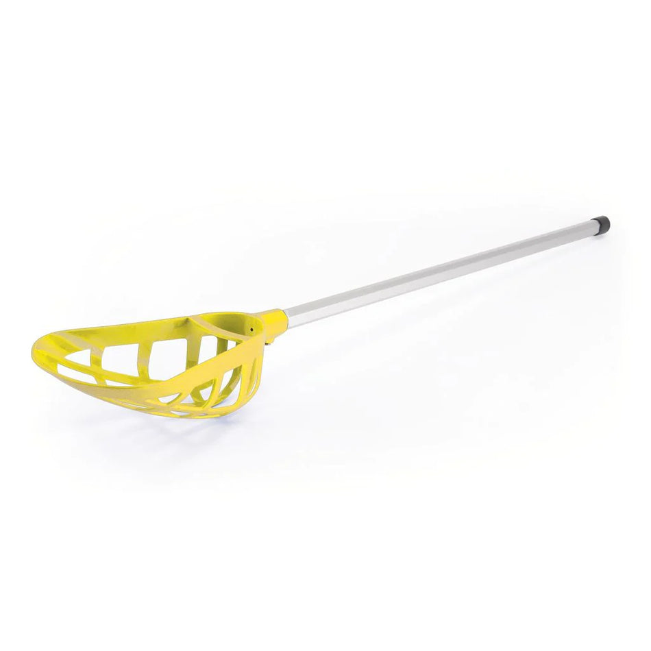 The Mastersport Pop Lacrosse Stick, in yellow, features a plastic scoop and shaft with a black handle tip, shown against a white background.