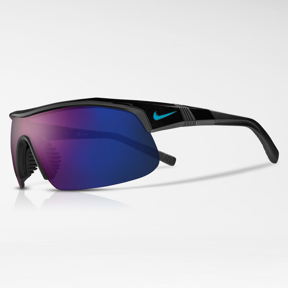 A pair of Nike Show X1 Performance Glasses in black with blue mirrored lenses and a small blue Nike Swoosh logo on the side, offering superior coverage, displayed on a white background.