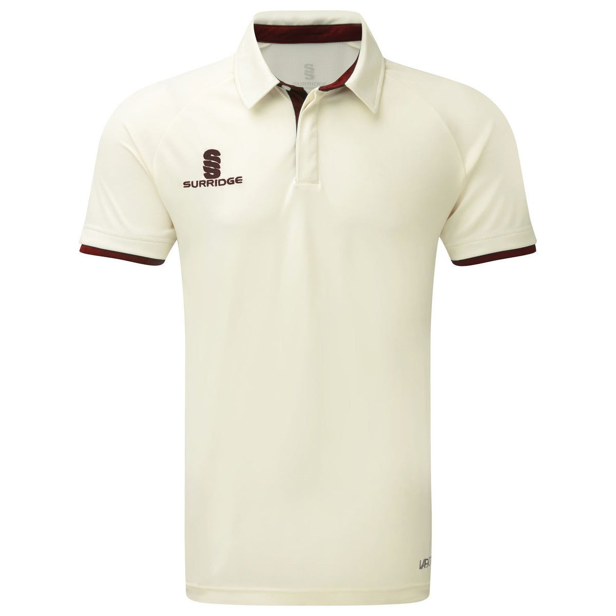 The Surridge Gloucestershire Gipsies CC S/S Match Shirt is a cream, breathable, short-sleeve cricket shirt with maroon trim, collar, and Surridge logos on the left chest and right shoulder—perfect for matches.