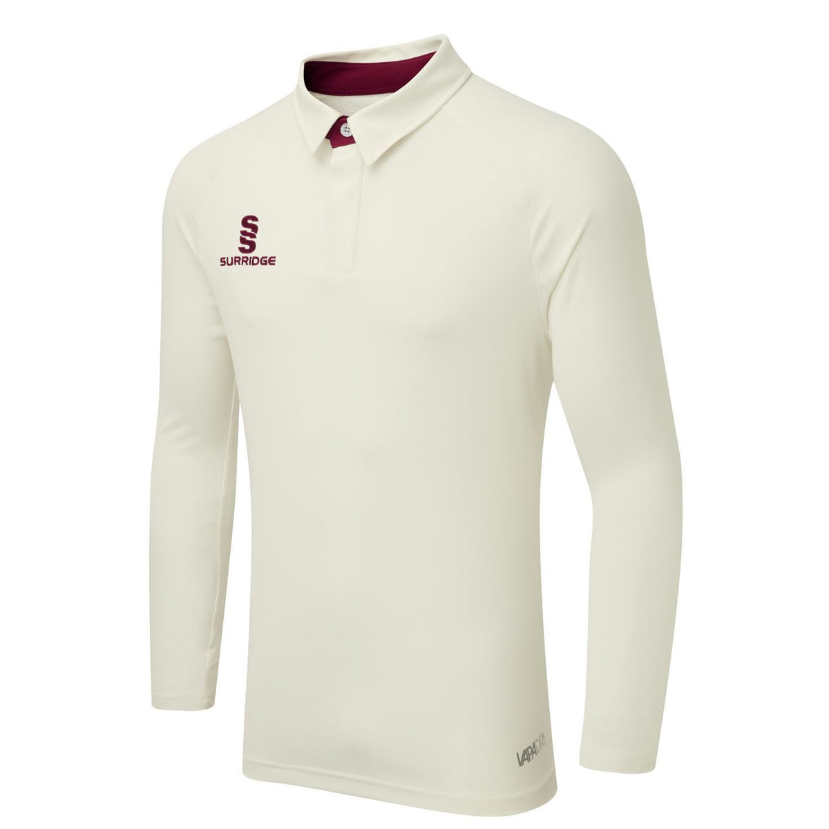 The Surridge Gloucestershire Gipsies CC L/S Match Shirt is cream with a collar, maroon Surridge logo and text on the left chest, buttoned neckline, and VAPADRI technology for comfort during Gipsies matches.