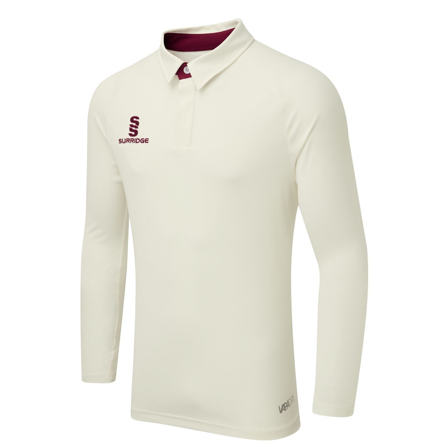 The Surridge Gloucestershire Gipsies CC L/S Match Shirt is cream with a collar, maroon Surridge logo and text on the left chest, buttoned neckline, and VAPADRI technology for comfort during Gipsies matches.