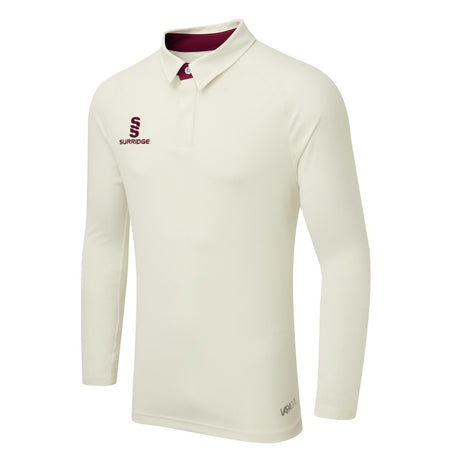 The Surridge Gloucestershire Gipsies CC L/S Match Shirt is cream with a collar, maroon Surridge logo and text on the left chest, buttoned neckline, and VAPADRI technology for comfort during Gipsies matches.