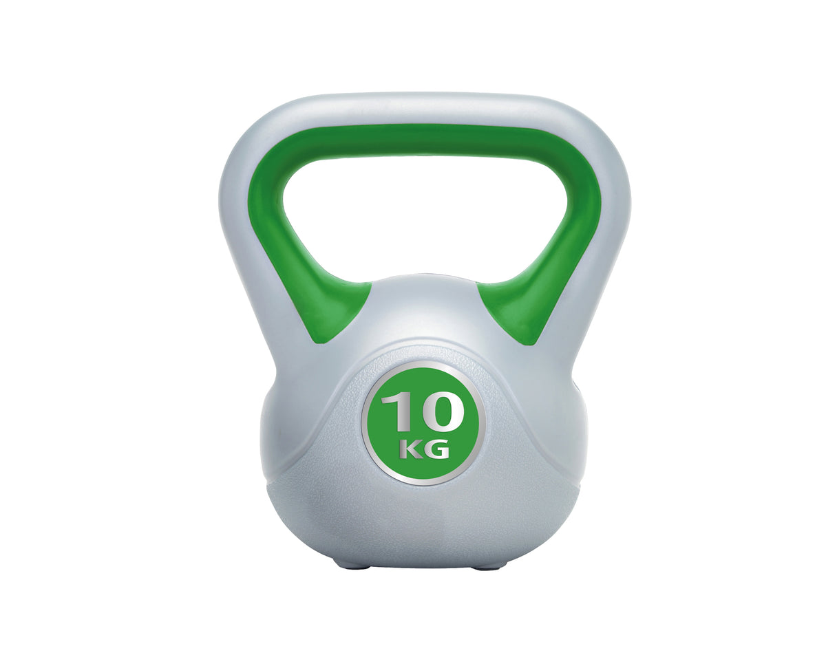 The Urban Fitness Vinyl Kettlebell by Urban Fitness features a gray body with green accents and a green 10 KG label, crafted to boost functional strength and core stability, displayed against a white background.