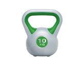 The Urban Fitness Vinyl Kettlebell by Urban Fitness features a gray body with green accents and a green 10 KG label, crafted to boost functional strength and core stability, displayed against a white background.