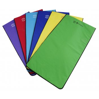 Six Sure Shot Aerobic Non Slip 10mm mats by Sure Shot in purple, red, light blue, dark blue, yellow, and green are fanned out and overlapping on a white background.
