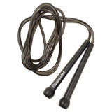 A black, durable Yoga-Mad Speed Rope by Martin Berrill Sports with two handles is shown coiled loosely on a white background.