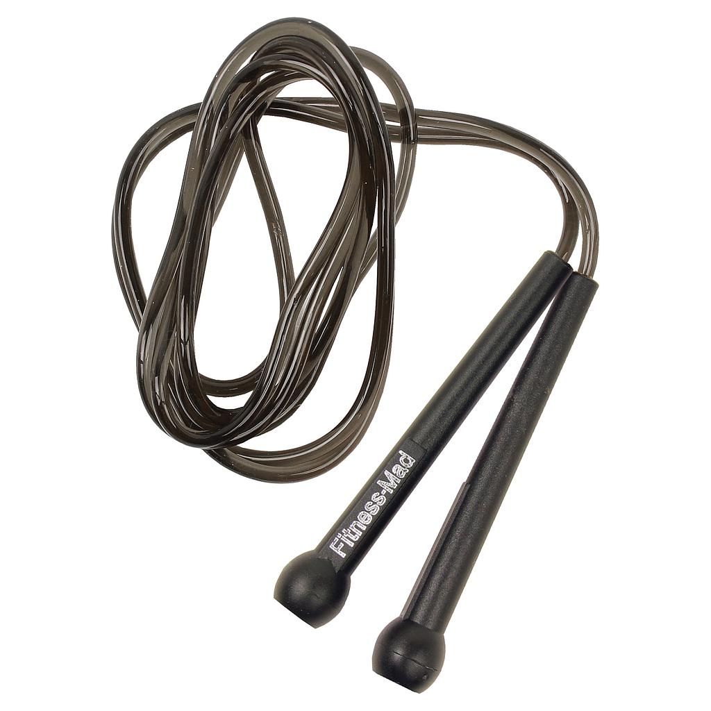 A black, durable Yoga-Mad Speed Rope by Martin Berrill Sports with two handles is shown coiled loosely on a white background.